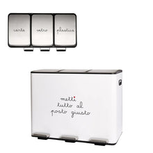 Carica l'immagine nel visualizzatore di Gallery, PATTUMIERA IN METALLO A PEDALE 3 X 15 LT."METTI TUTTO AL POSTO GIUSTO"(CM.61X37X47H)