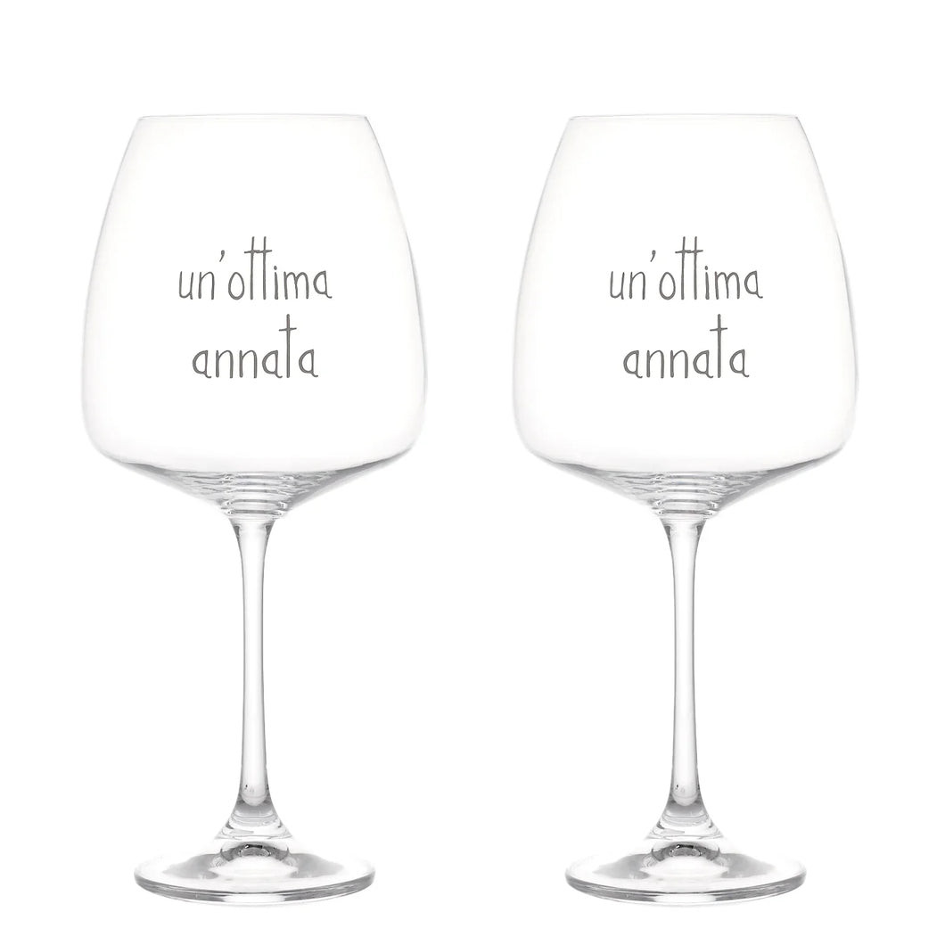 SET 2 CALIVI VINO ROSSO IN VETRO C/SCRITTA ( VARI DECORI) 77 CL. (CM.24,5H X 11)