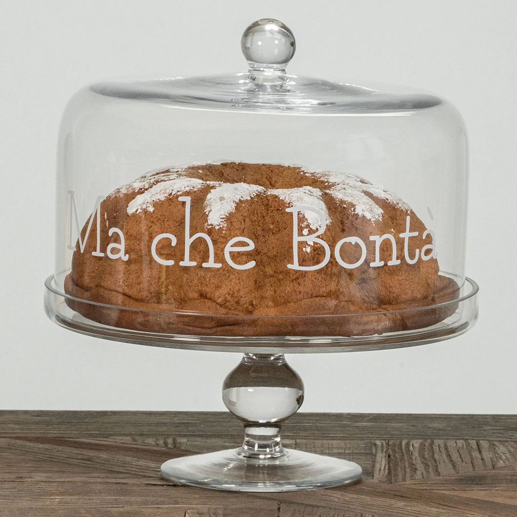 ALZATA IN VETRO P/DOLCI C/CAMPANA E SCRITTA CM. 28,5 X 13 H